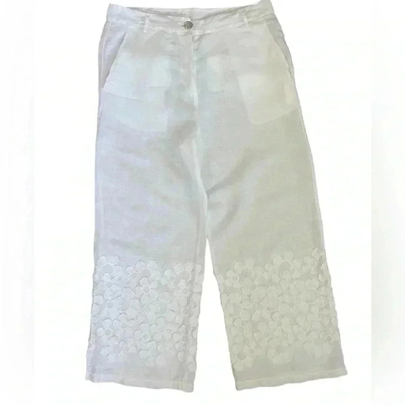 LaFabbricadeilino 100% Linen white floral derail pants size M Italy made Boho - Picture 2 of 12